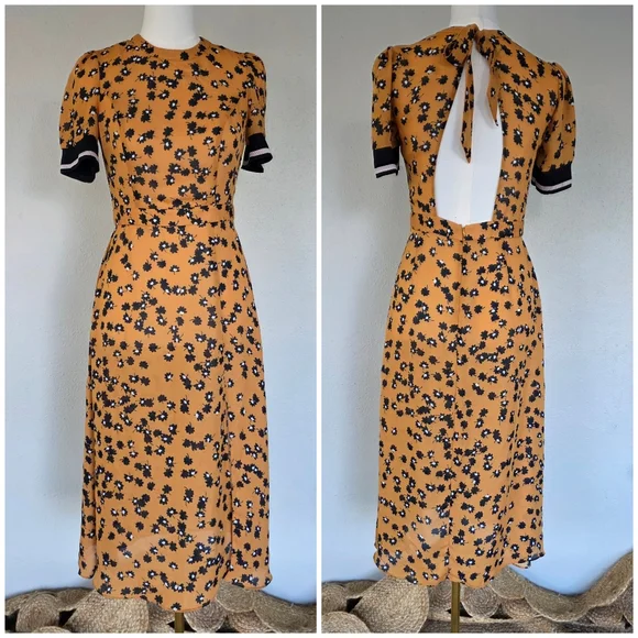 Saylor Mustard Floral Open Back Midi Dress Size Small Puff Sleeve Tie Back S - Picture 2 of 8